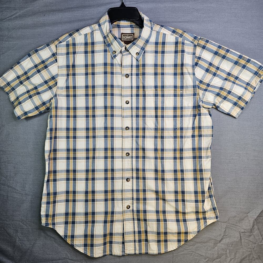 CE Schmidt Shirt Short Sleeve Button Up Tan/blue Plaid Men's Large